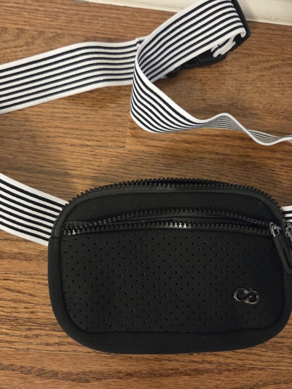 CALIA, Black Neoprene Crossbody Belt Bag with Striped Strap
